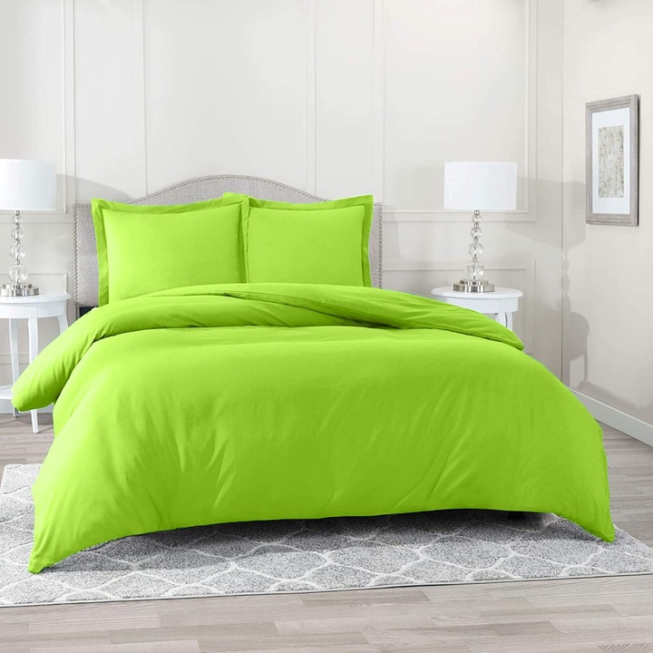 Брачно спално бельо с еластична покривка и квадратна калъфка за възглавница, Сицилия, памук ранфорс, тегло на материята 120 гр/м2, Зелено