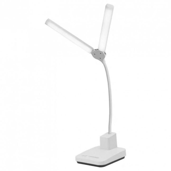 Lampa de birou LED cu cap dublu, 3 niveluri, reglabila la atingere, protectie pentru ochi, incarcare USB, SW-1928, Tescomak, culoare alb