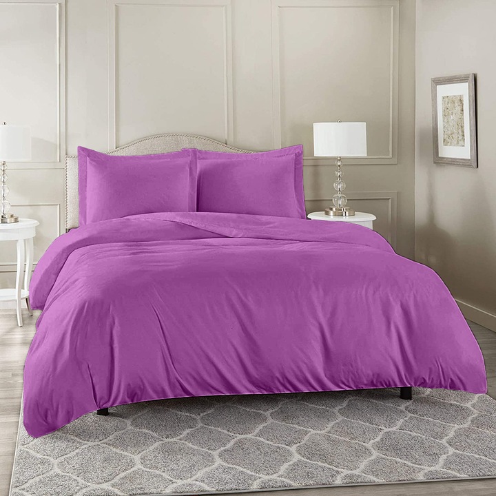 Брачно спално бельо с еластична покривка и правоъгълна калъфка за възглавница Thalia, памук ранфорс, тегло на материята 120 гр/м2, лилаво