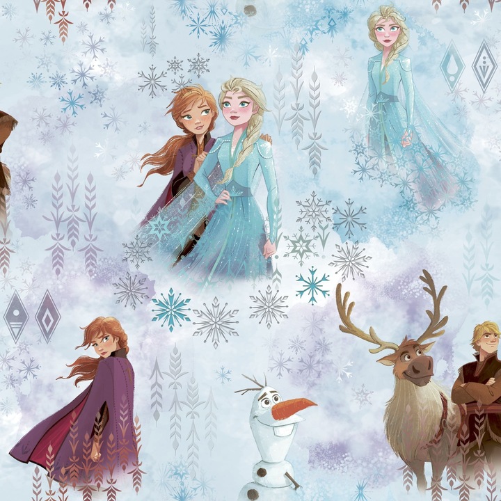 Tapet hartie Disney Frozen pentru camera copii, alb/turcoaz, rola 10 x 0.53 m