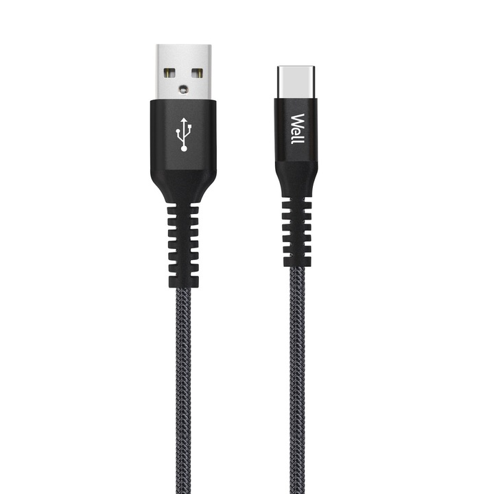 Well USB-C adat- és töltőkábel, 1m, 5A, fekete