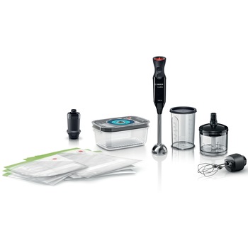 Mixer vertical Bosch ErgoMixx MS6CB61V7, 1000 W, accesoriu cu 2 teluri, chopper, 12 trepte de putere și funcție Turbo, accesorii pentru vidare incluse, Negru