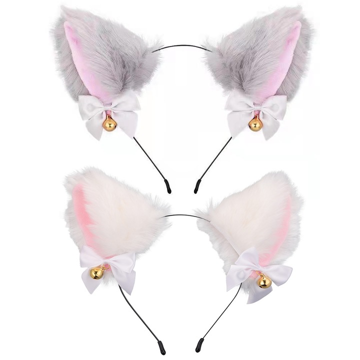 Set 2 bentite urechi pisica, Koungiam, Plus/Blana, Gri/Roz