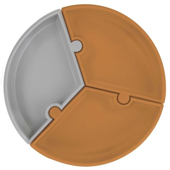 Пъзел чиния Minikoioi, 100% първокласен силикон – дървесно кафяво/пудрово сиво