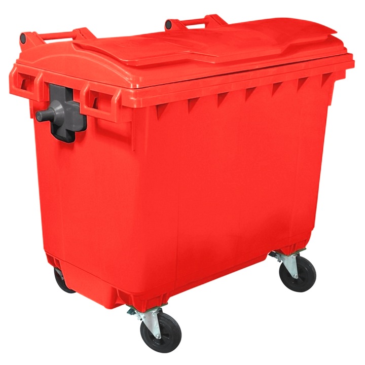 Container Profesional idealStore EcoPub, capac Plat, Roti cu rotire 360°, Plastic Virgin, Metal Zincat, Rezistent la caldura-inghet si substante chimice, 660 L, Rosu