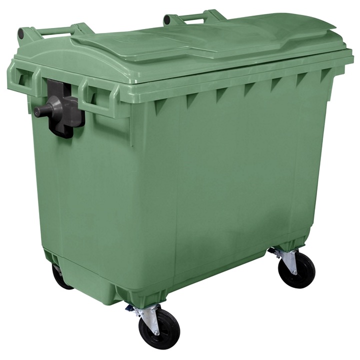 Container Profesional idealStore EcoPub, capac Plat, Roti cu rotire 360°, Plastic Virgin, Metal Zincat, Rezistent la caldura-inghet si substante chimice, 660 L, Verde