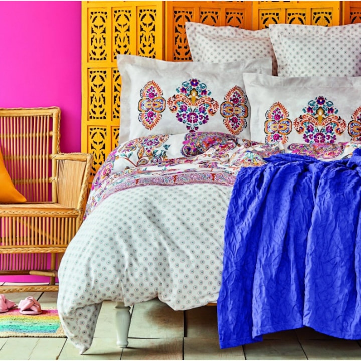 Lenjerie de pat pentru 2 persoane cu cuvertura asortata Karaca Home, Morela, 5 piese, Bumbac, Albastru