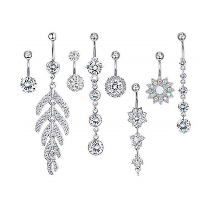 Комплект от 8 пиърсинга за пъп, неръждаема стомана, сребро