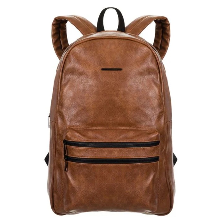 Iskolai hátizsák, Környezetbarát bőr, 1 rekesz, 1 zseb, Laptop rekesz, Puha vállpántok, 30x17x46 cm, Barna