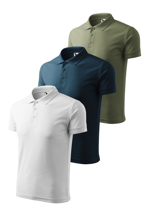 Set 3 tricouri polo pentru barbati, Malfini, Pique Polo, setul 2, Alb/Kaki/Bleumarin