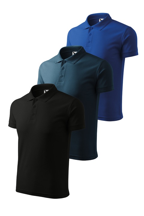 Set 3 tricouri polo pentru barbati, Malfini, Pique Polo, setul 3, Negru/Albastru royal/Bleumarin