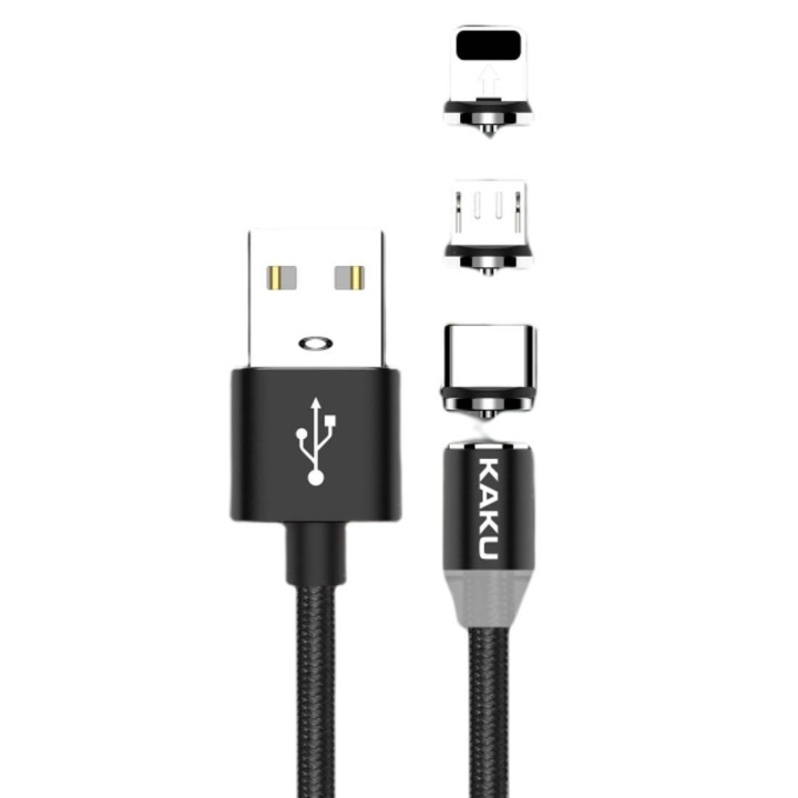 Cablu magnetic 3in1 KakuSiga, USB-C, Lightning, Micro USB, Incarcare rapida, 3A, 1 m, Negru
