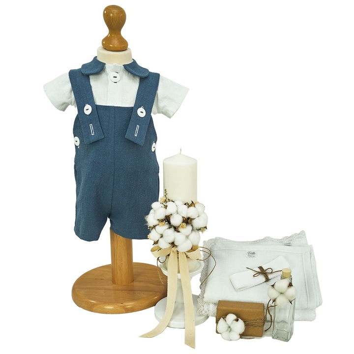 Trusou Botez Complet Noah din in Albastru - 6-9 luni, Lumanare Bumbac
