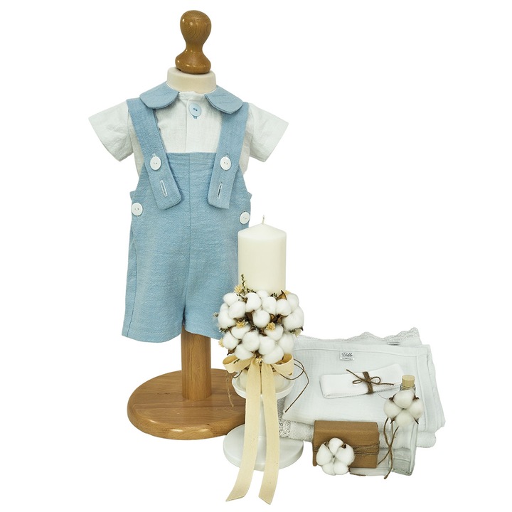 Trusou Botez Complet Noah din in Bleu Cufar si Lumanare Bumbac - 9-12 Luni