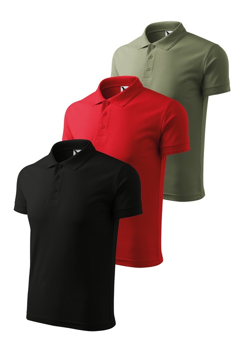 Set 3 tricouri polo pentru barbati, Malfini, Pique Polo, setul 4, Rosu/Negru/Kaki