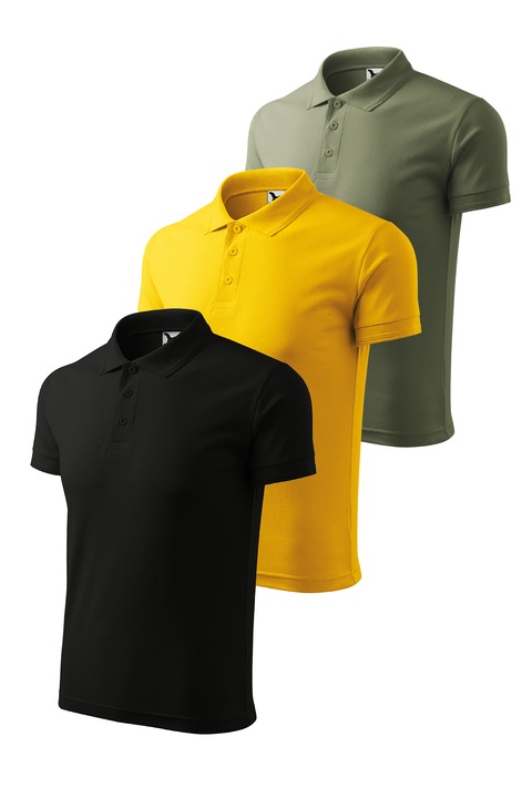 Set 3 tricouri polo pentru barbati, Malfini, Pique Polo, setul 4, Negru/Galben/Kaki
