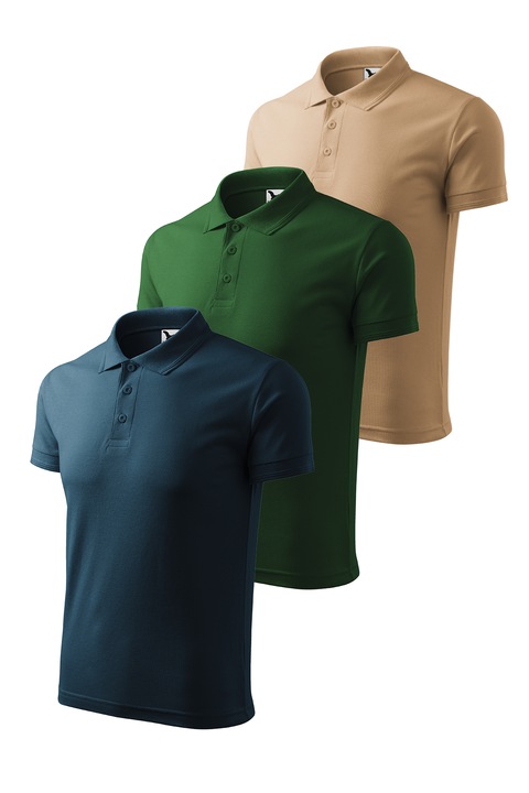 Set 3 tricouri polo pentru barbati, Malfini, Pique Polo, setul 6, Bej inchis/Bleumarin/Verde sticla