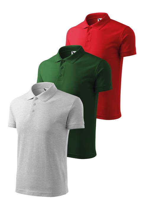 Set 3 tricouri polo pentru barbati, Malfini, Pique Polo, setul 6, Rosu/Gri deschis/Verde sticla