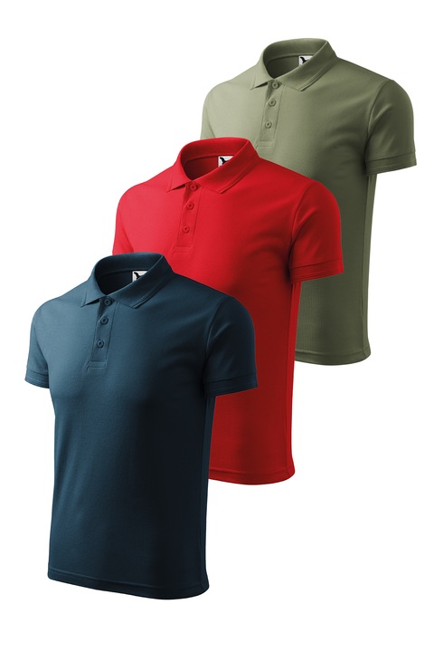 Set 3 tricouri polo pentru barbati, Malfini, Pique Polo, setul 6, Rosu/Kaki/Bleumarin