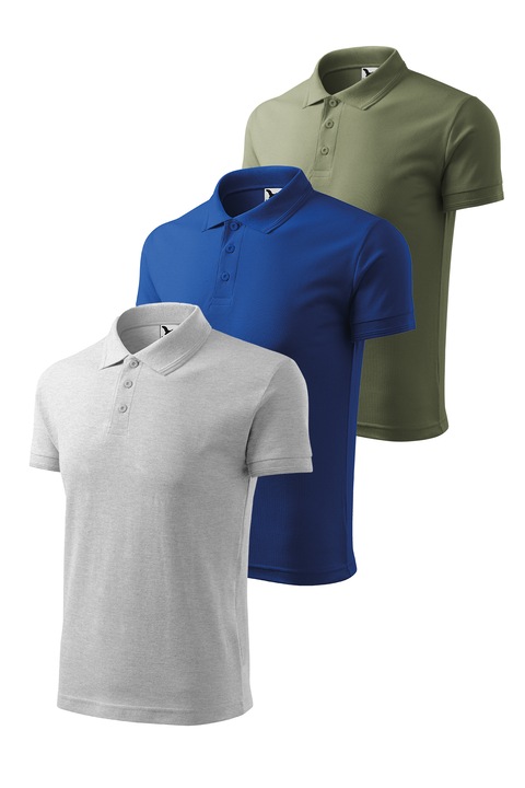 Set 3 tricouri polo pentru barbati, Malfini, Pique Polo, setul 6, Gri deschis/Kaki/Albastru royal