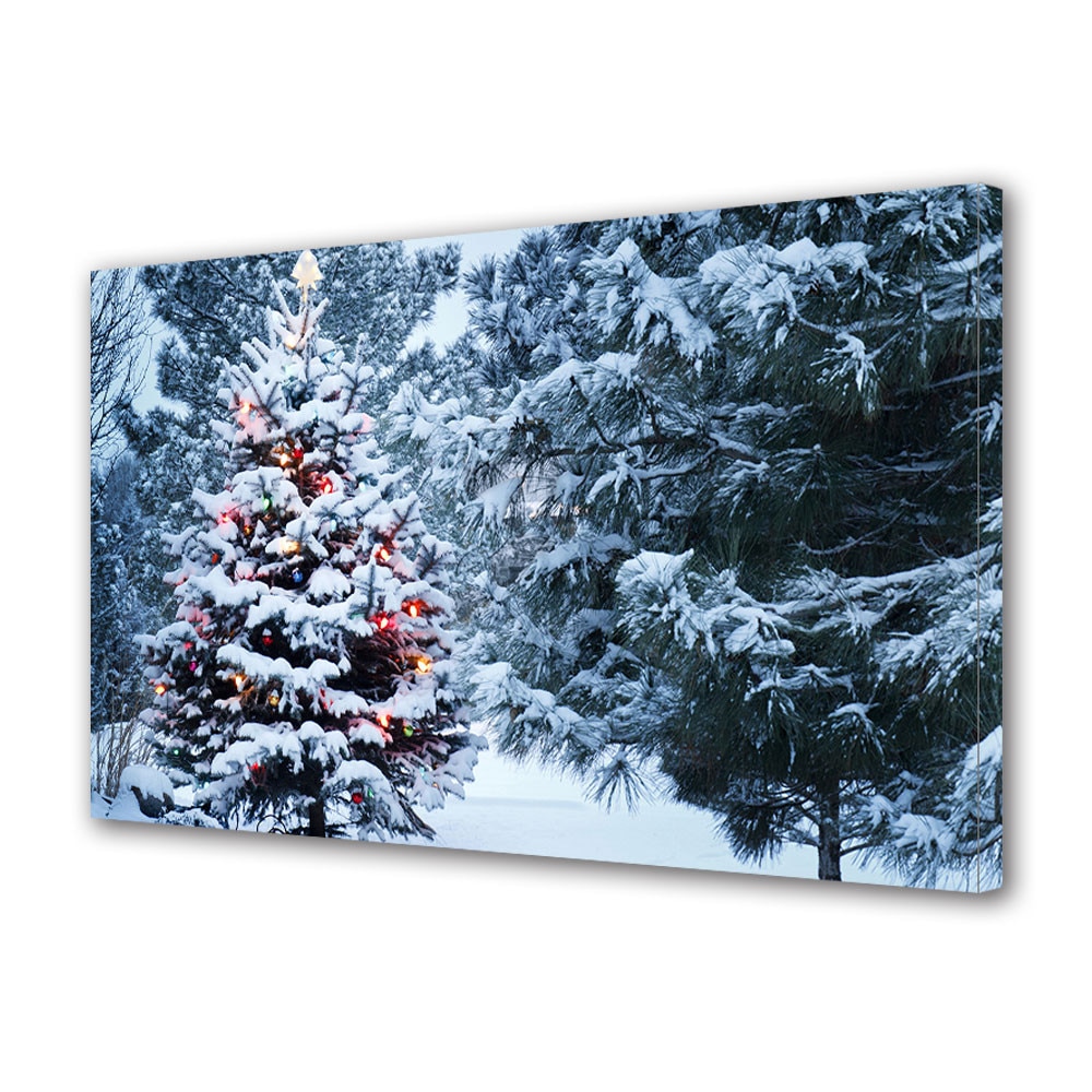 Tablou Canvas Sarbatori Craciun Brad impodobit in padure 20 x 30 cm