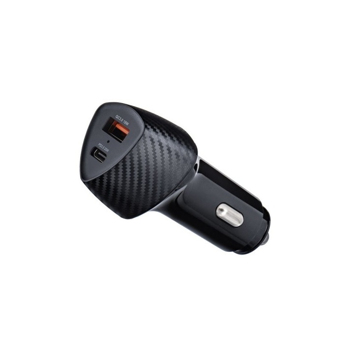Incarcator Auto Forcell Carbon 38w, Type C 3.0 Pd20w + Usb Qc3.0 18w 5a, Negru, Cc50-1a1c