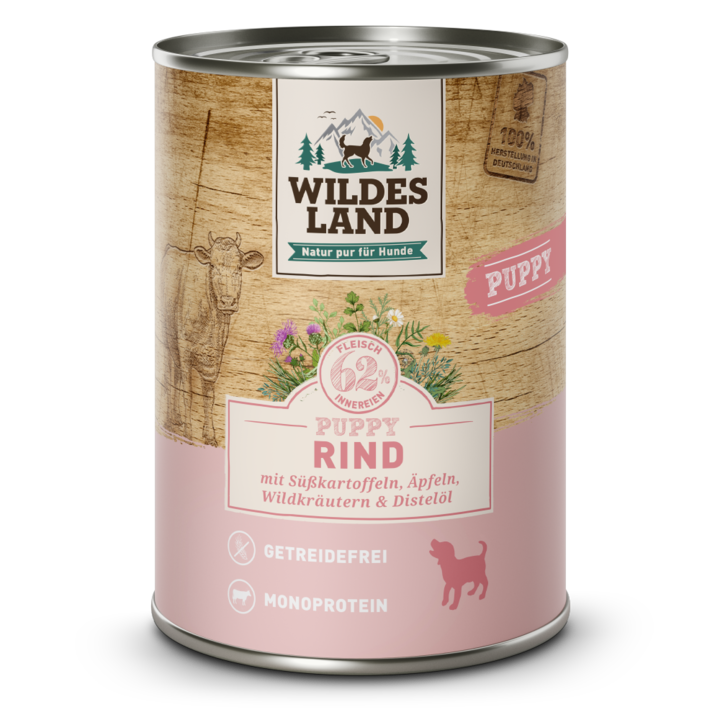 Hrana umeda pentru caini Puppy vita, cartofi dulci si mere Wildes Land 400g