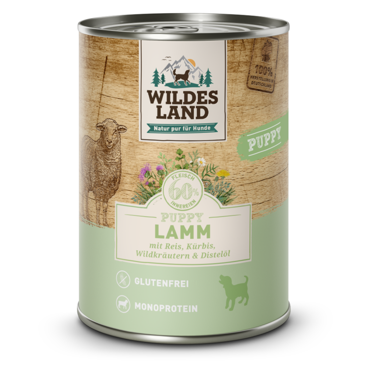 Hrana umeda pentru caini Puppy miel cu dovleac si orez Wildes Land 400g