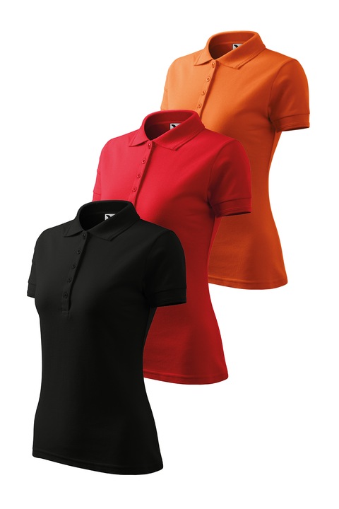 Set 3 tricouri polo de dama, Malfini, Pique Polo, Negru/Rosu/Portocaliu, 2XL