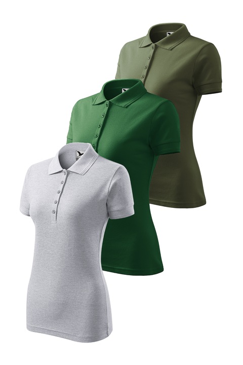 Set 3 tricouri polo de dama, Malfini, Pique Polo, mix 6, Gri deschis/Kaki/Verde sticla
