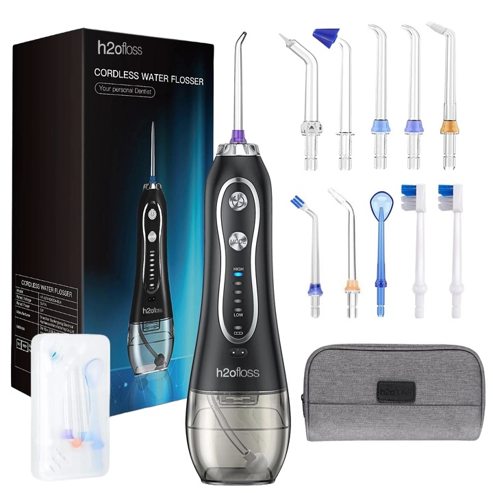 Irigator Oral Profesional pentru Dus Bucal H2ofloss® Premium, 10 duze, 5 trepte de presiune, Baterie 2500mAh, Gravity Ball, 1200 pulsatii/minut, Protectie supraincalzire, Rezistenta la apa IPX7, Geanta transport, 300 ml, Negru