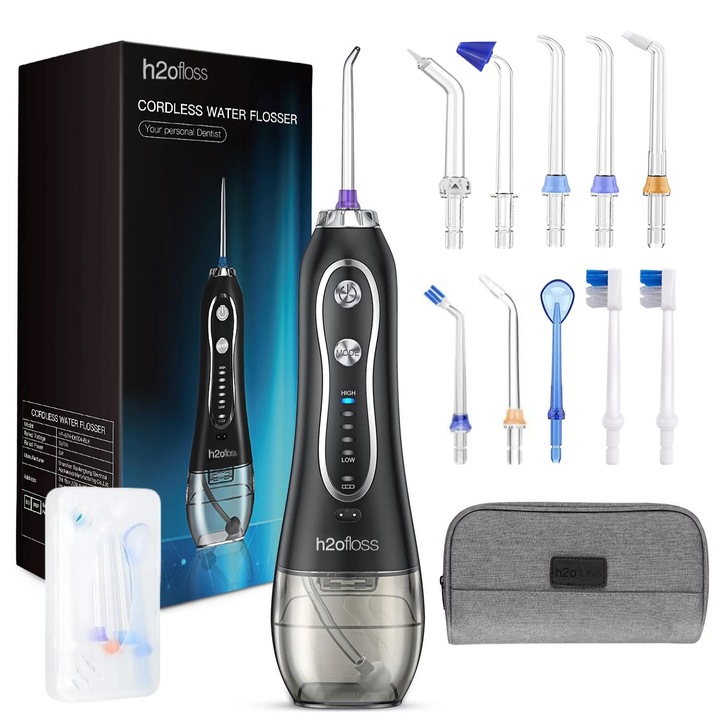H2ofloss Premium professzionális szájöblítő, 8 fúvóka, 5 nyomásfokozat, 2500mAh akkumulátor, gravitációs golyó, 1200 impulzus/perc, 300 ml-es tartály, fekete színű