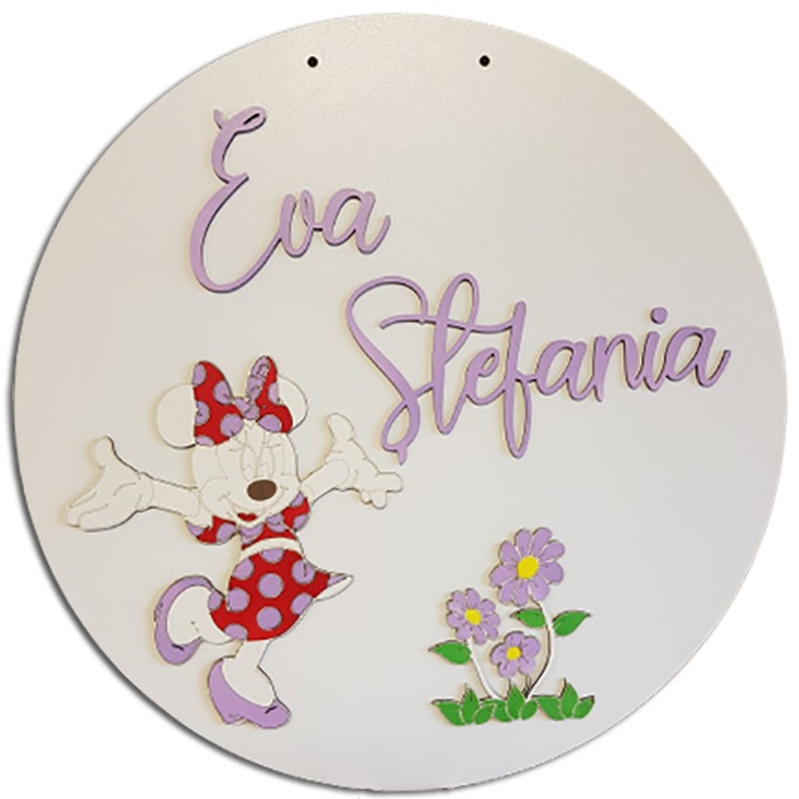 Panou nume fetite personalizat, Minnie Mouse, pentru bebe si copii, lemn, 40 cm, ArtemisGift