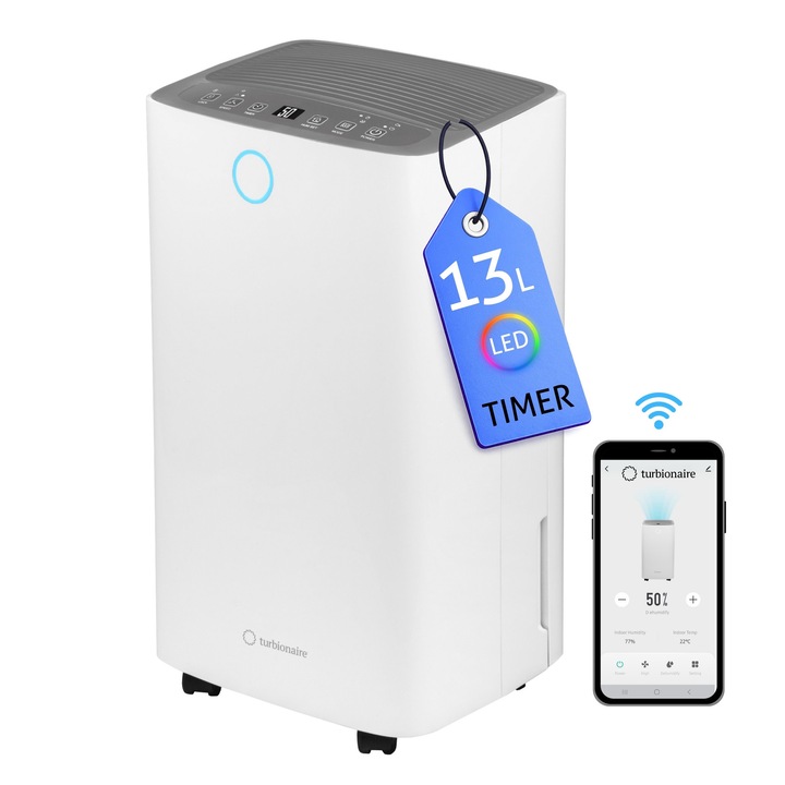 Dezumidificator Turbionaire SENSO 13 WIFI, 13 l/24h, Silentios 36 dB, WIFI, Rezervor 2l, 120 m³/h, Control digital, Indicator luminos umiditate, Timer, Display LED