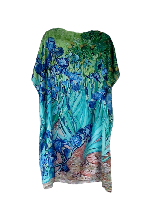 Rochie plaja tip poncho din matase, design cu flori de irisi, albastru verde maro, reproducere picturi celebre, marime universala
