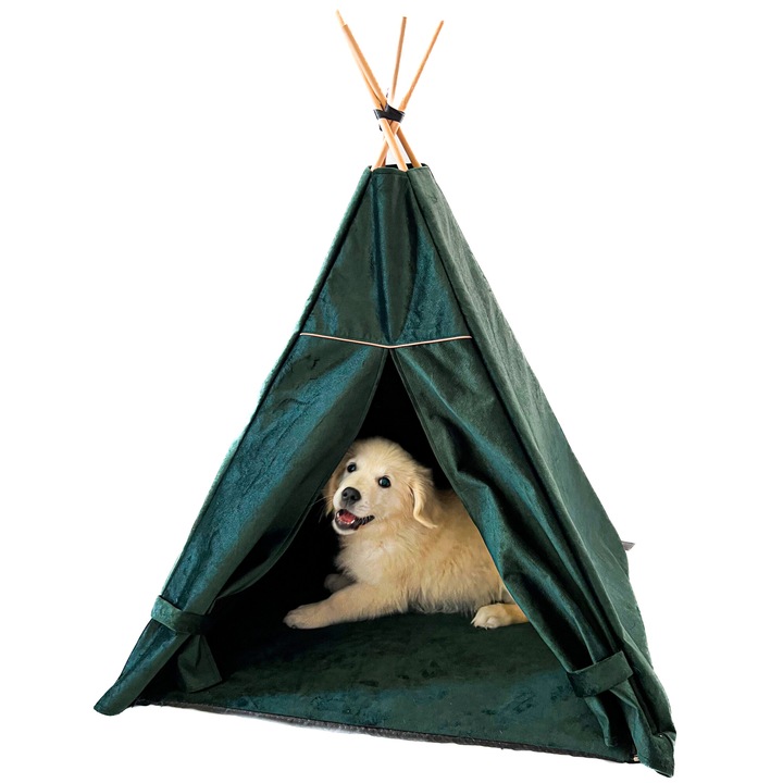 Cort pentru animale de companie cu perdea. Tipi durabil, din velur, pentru pisici si caini. Casa pentru caini si pestera pentru pisici de la Halkalife, Tipivel, 70 x 70 x 100 cm, verde sticla