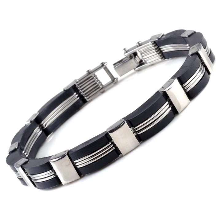 Férfi karkötő, fekete/ezüst, B2 modell, 22 cm