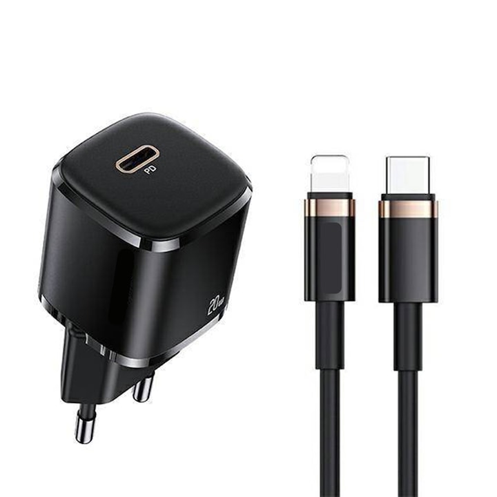 Мрежово зарядно, USB-C PD 20W интерфейс и кабел за данни USB-C - Lightning 1.2 m, Черен