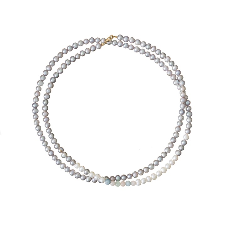 Colier lung Possesion din pietre semipretioase si perle, 5-6 mm, inchidere aur