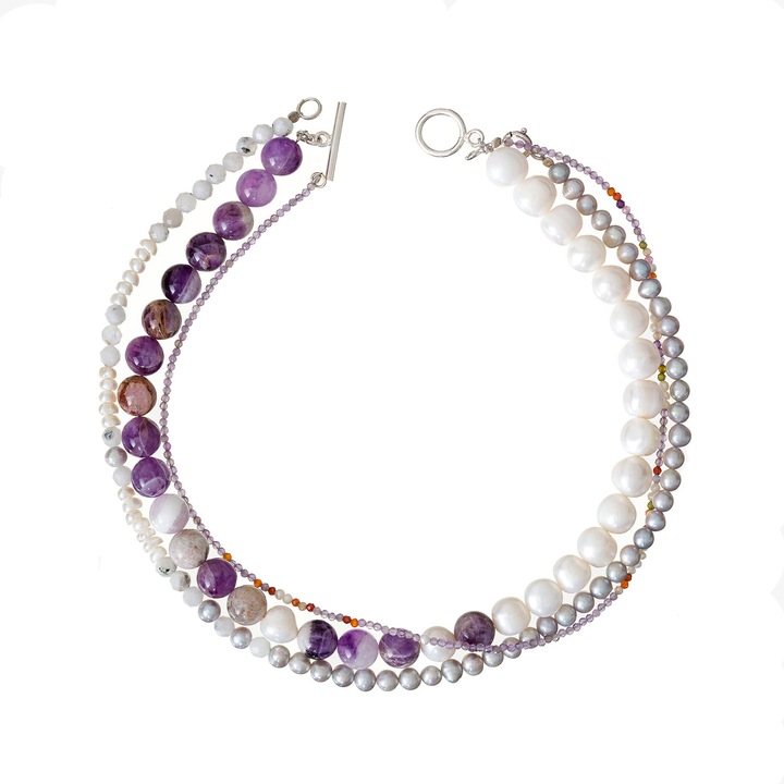 Set bijuterii Dignity, 3 coliere ametist si perle