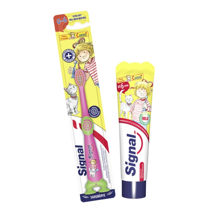 Set de ingrijire dentara pentru copii cu pasta de dinti cu gust usor de menta, 50 ml si periuta de dinti, culoare roz, Ultra Soft, Conie Signal, 2-6 ani