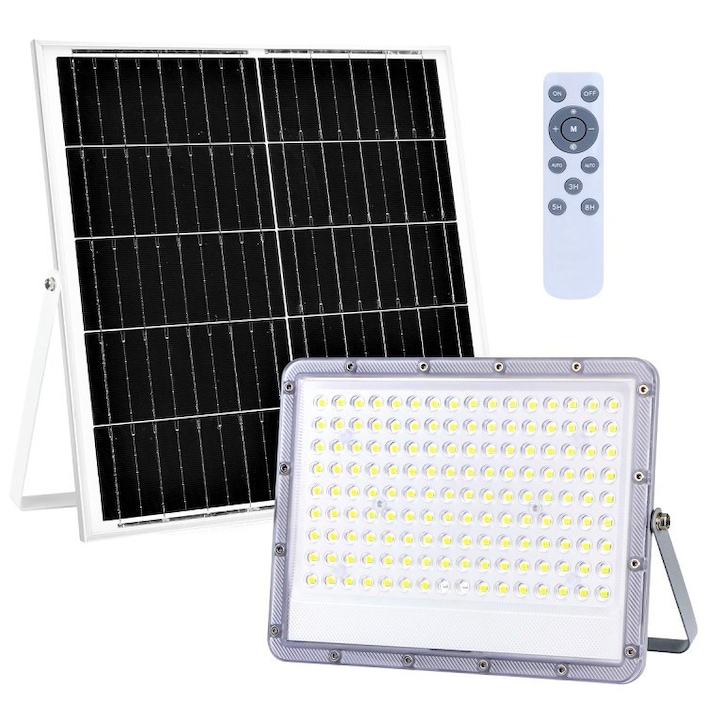 Proiector Solar Puternic de 200W, 6500K, 2000Lm, IP65, 20000mAh, Panou Solar Monocrystalline 20W 22.8x20.7 cm si Telecomanda cu Functii Multiple de Setare a Intensitatii Luminoase, Gray