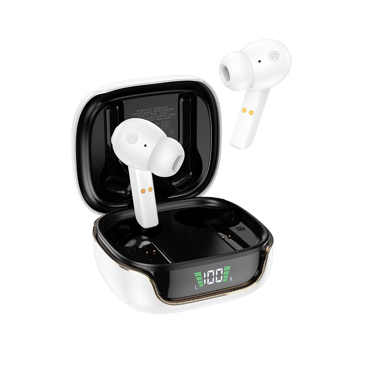Безжични аудио слушалки, Bluetooth 5.3, слушалки за телефон със сензорно управление, магнитен калъф, LED дисплей, истински безжични стерео слушалки, бели