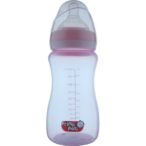 Biberon Primii Pasi Polipropilena, Gat larg, 250 ml, Roz