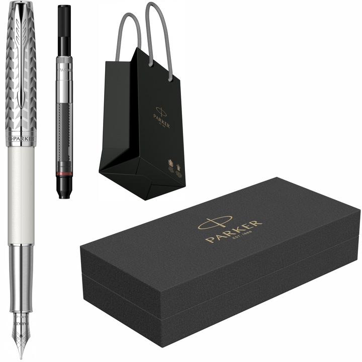 Set Stilou Parker Sonnet Royal Metal & Pearl PDT cu penita din aur de 18k, convertor DeLuxe montat si punga Parker