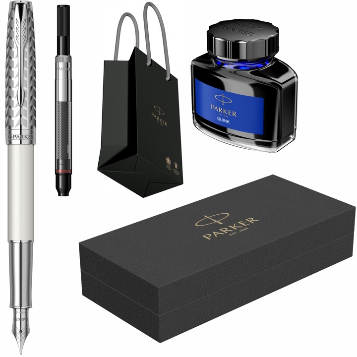 Set Stilou Parker Sonnet Royal Metal & Pearl PDT cu penita din aur de 18k, convertor DeLuxe montat, calimara cerneala si punga Parker