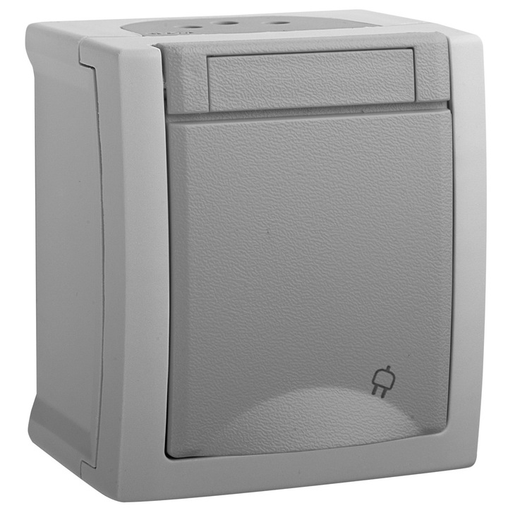 Priza schuko simpla 2P E, cu obturator protectie copil, 16a, 250v, gri, IP54