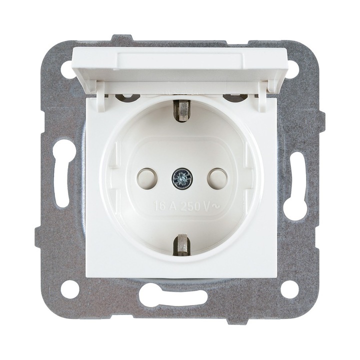 Шуко контактен механизъм 2P E, обикновен, с капак и капак, 16A, 250V, IP44, Сребрист