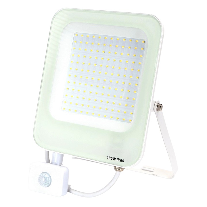 Proiector LED cu Senzor de Miscare, 100W, 8900 Lm, 4000K, IP65, Protectie: IK07, Aluminiu, White