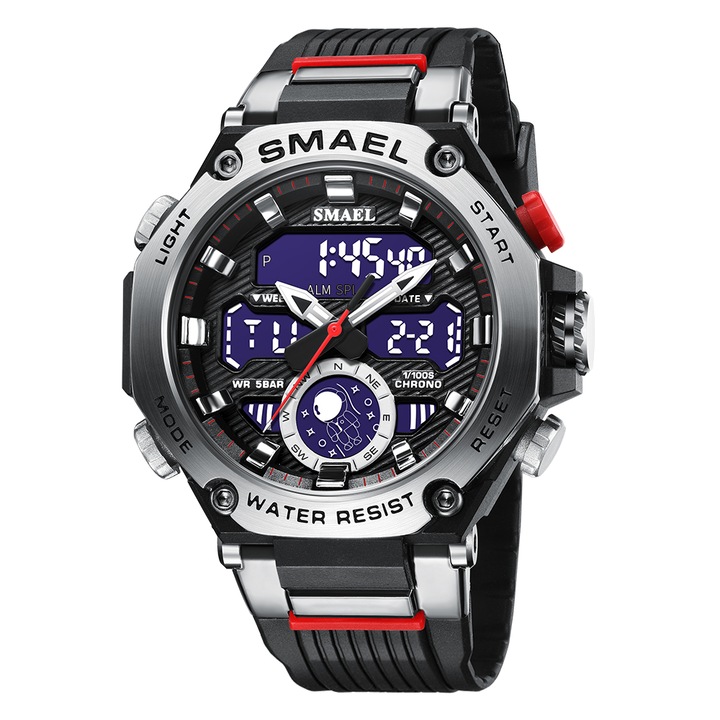 Спортен мъжки часовник Smael Unlimited, Хронограф, Двойно време, LED Подсветка, Черен / Сребрист